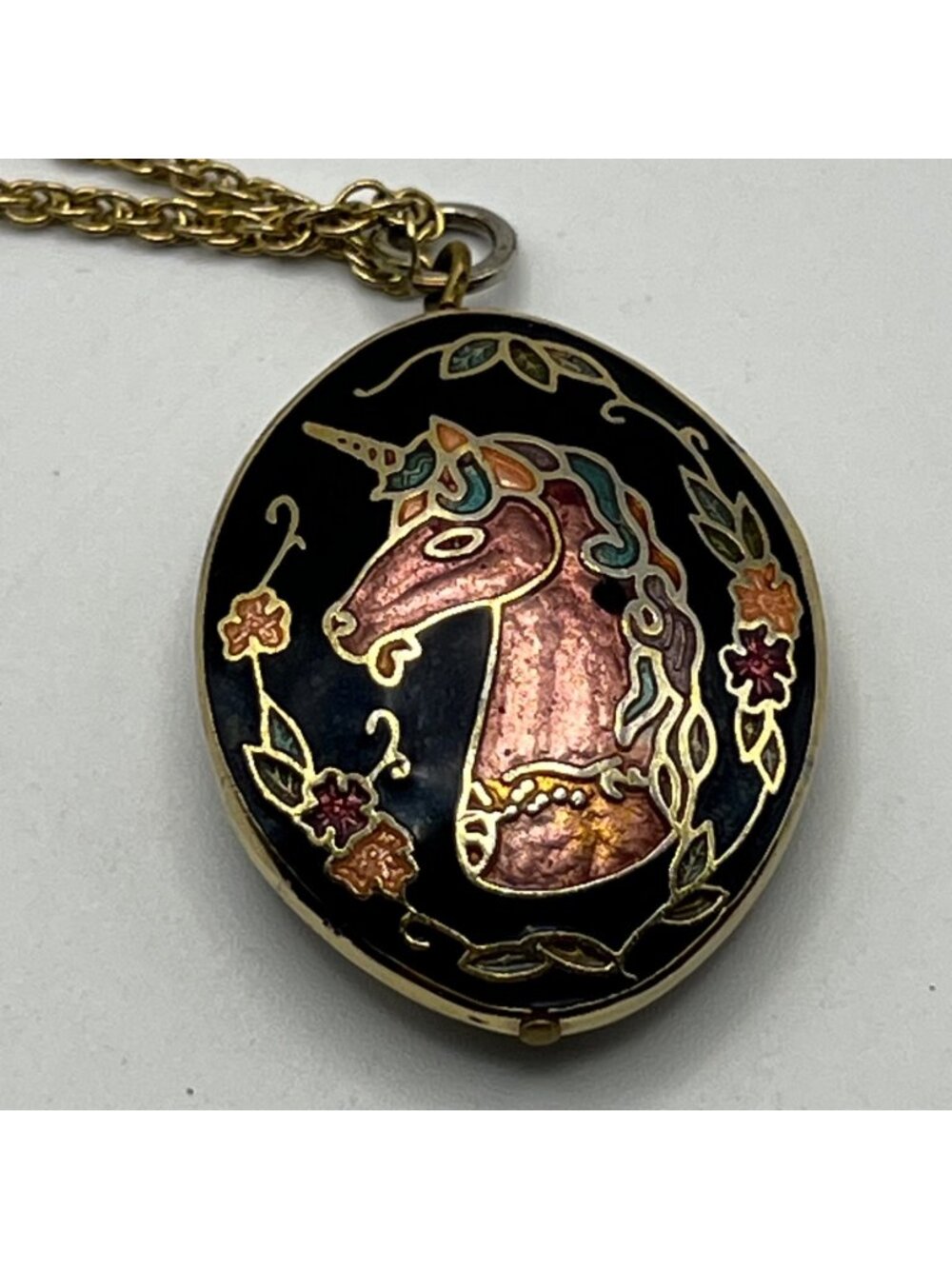 Vintage Unicorn Pendant Necklace Gold-Tone Cloisonne Black Double Sided Oval 23"
